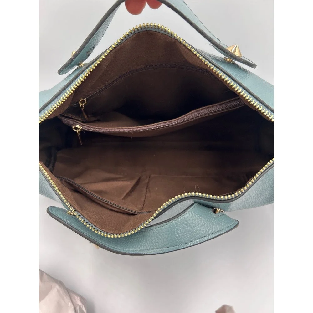 Blue Pebbled Faux Leather Satchel Crossbody Bag Gold Hardware‎ Multi Pocket